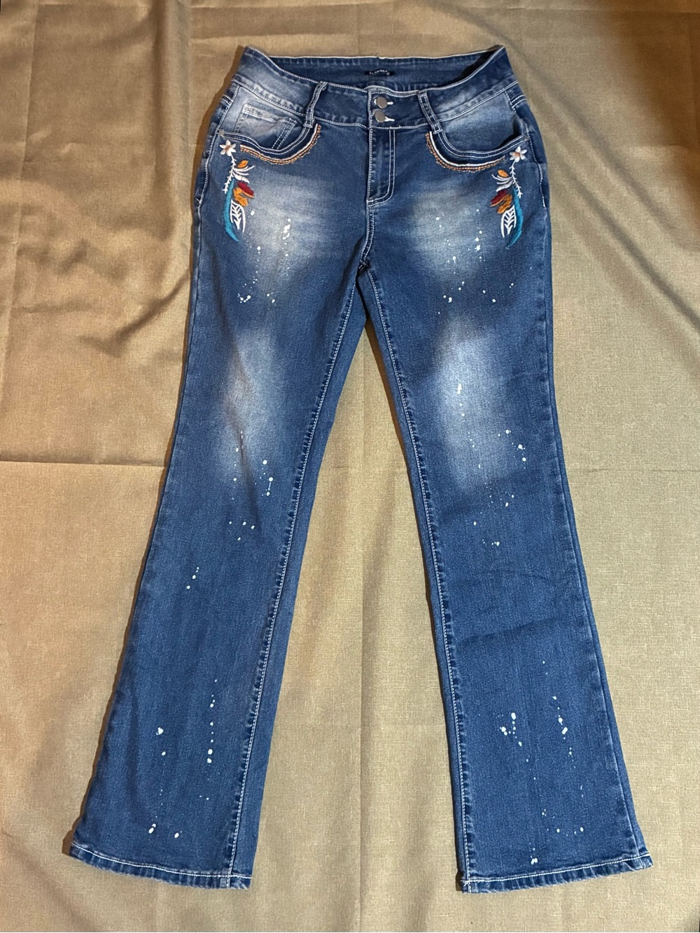 Flamingals Mid-rise Bootcut Embroidered Paint Splatter Denim Jeans Embellished L - Picture 2 of 13